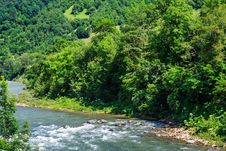 River Turns Near At Mountain Foot Stock Photo River Turns Near At Mountain Foot Stock Photo