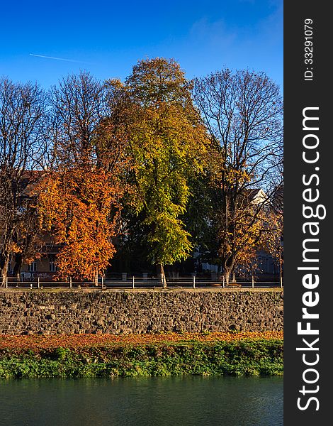 Autumn trees near the river on the stone strengthening