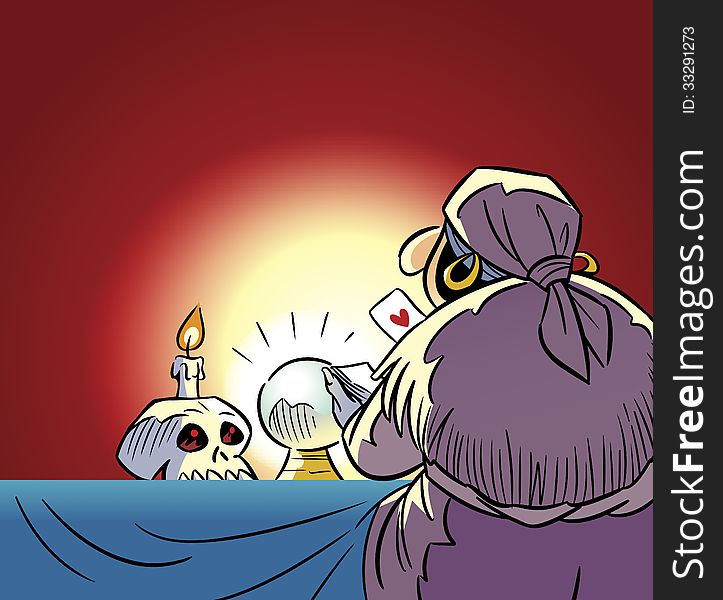 The illustration shows a fortune teller at a table with cards in their hands.On the table is a magical glass ball, skull and candle. Illustration done in cartoon style.