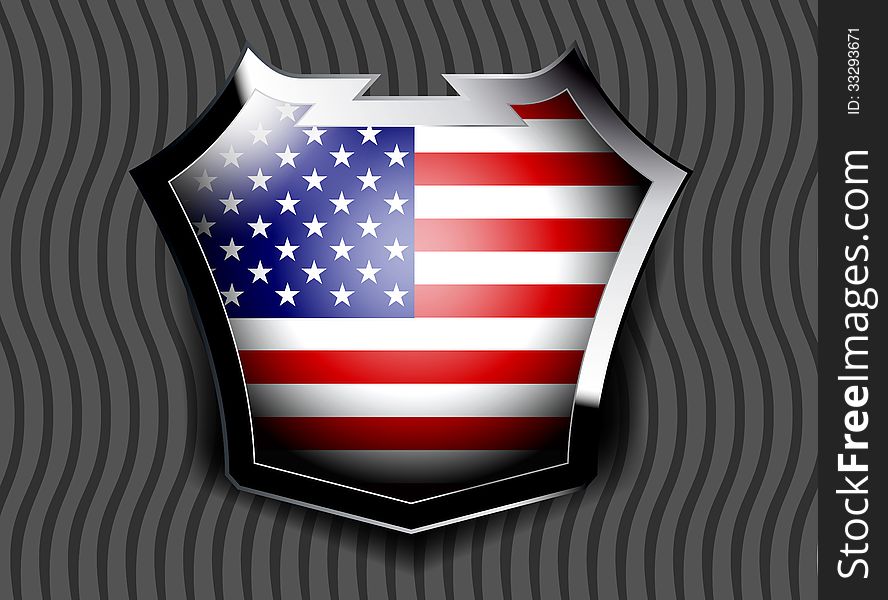 Beautiful flag of USA inside glossy shield on a gray pattern background