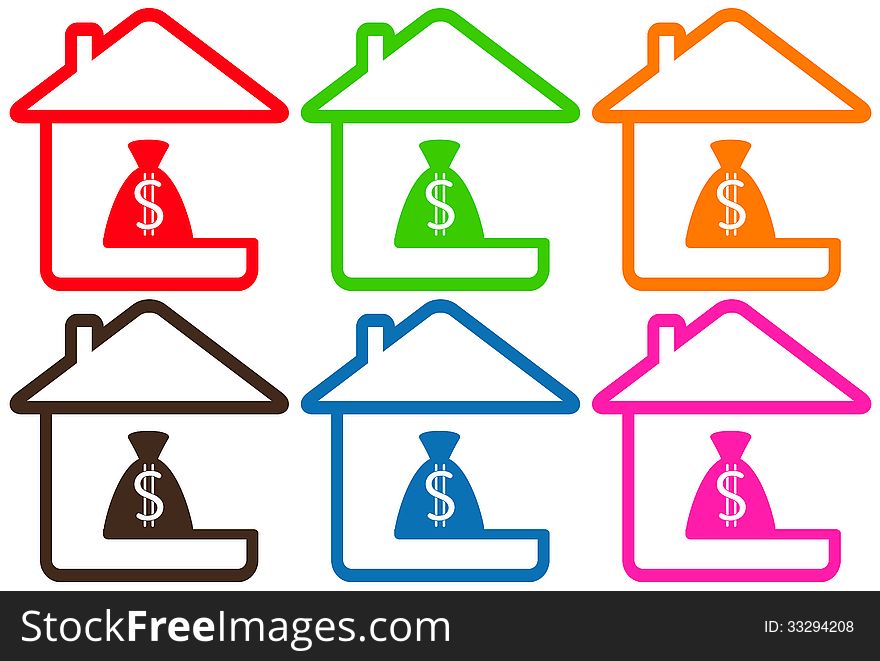 Set colorful houses with money bag silhouette. Set colorful houses with money bag silhouette