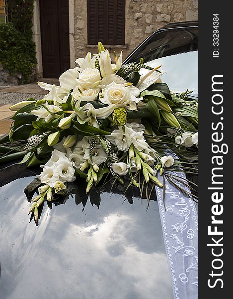 Car decoration for wedding with big bouquet. Car decoration for wedding with big bouquet