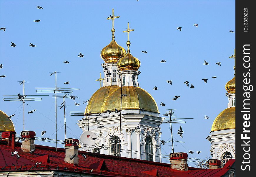 Gold domes of an orthodox cathedral in St.-Petersburg in Russia. Above domes and crosses pigeons fly to warm clear day. Gold domes of an orthodox cathedral in St.-Petersburg in Russia. Above domes and crosses pigeons fly to warm clear day.