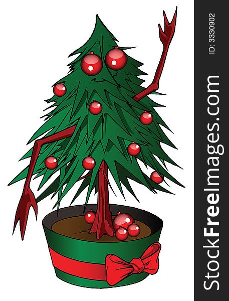 Xmas tree waving hands - original vector illustration