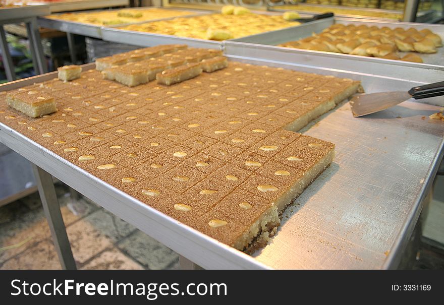 Arab cakes on tray on display in market