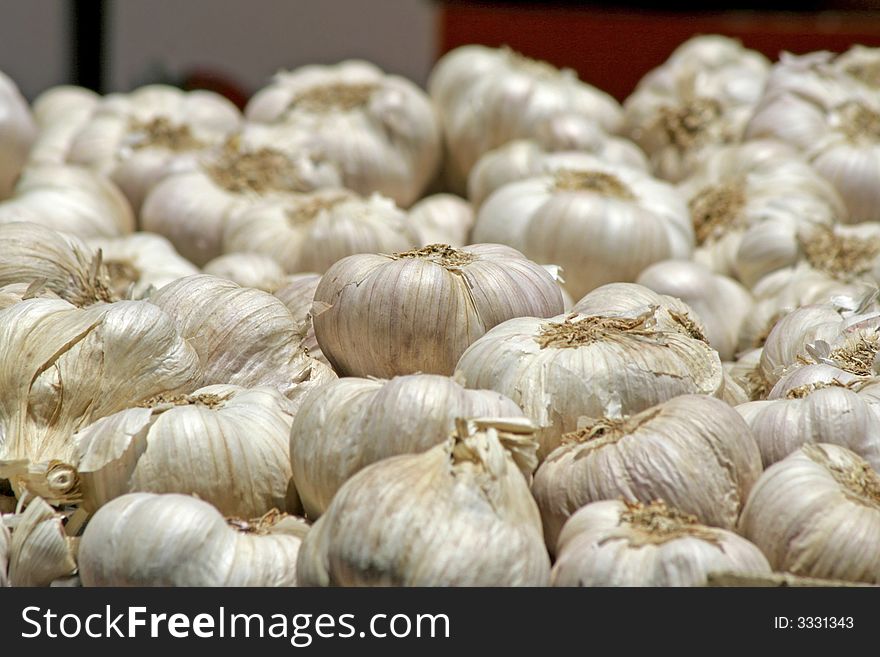 Garlic on display in a market
