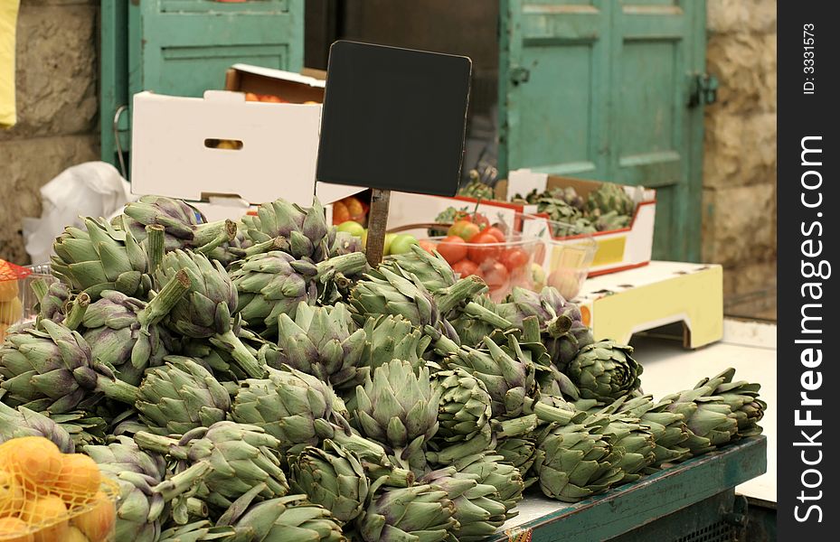 Artichoke on display in market