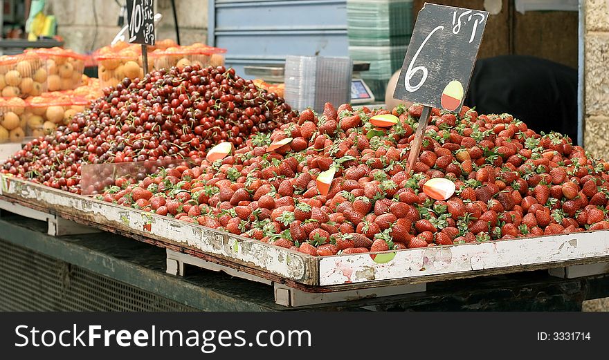 Strawberries on display in market