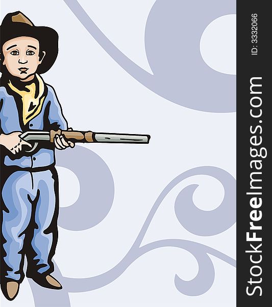 Vector background with a cowboy kid, holding a gun. Vector background with a cowboy kid, holding a gun.