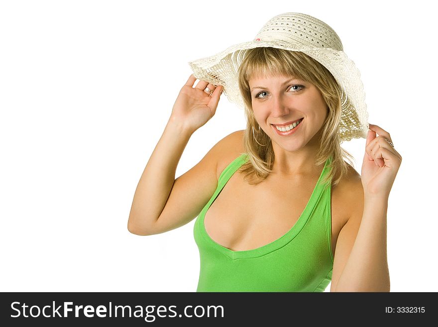 Young beautiful sexy tanned woman in hat over white background. Young beautiful sexy tanned woman in hat over white background