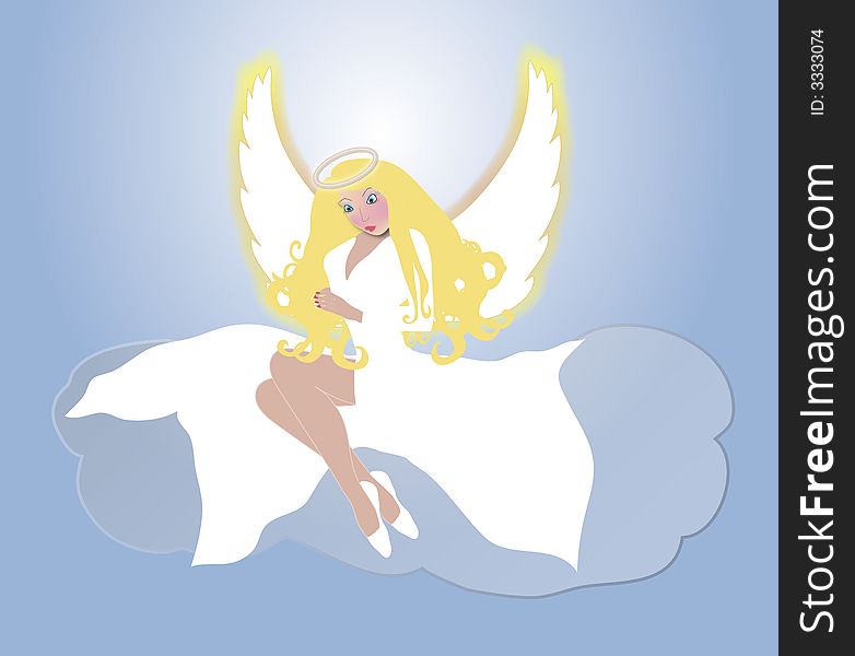 Illustration of angel sitting on a cloud with blue glowing background. Illustration of angel sitting on a cloud with blue glowing background