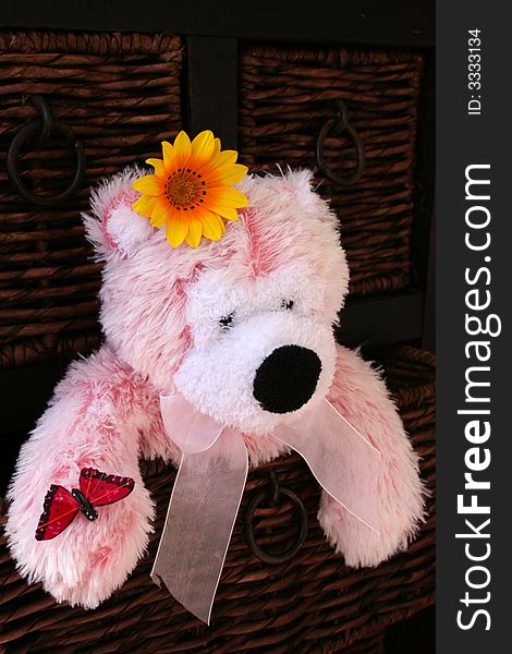Pink teddy with an orange flower and pink butterfly. Pink teddy with an orange flower and pink butterfly