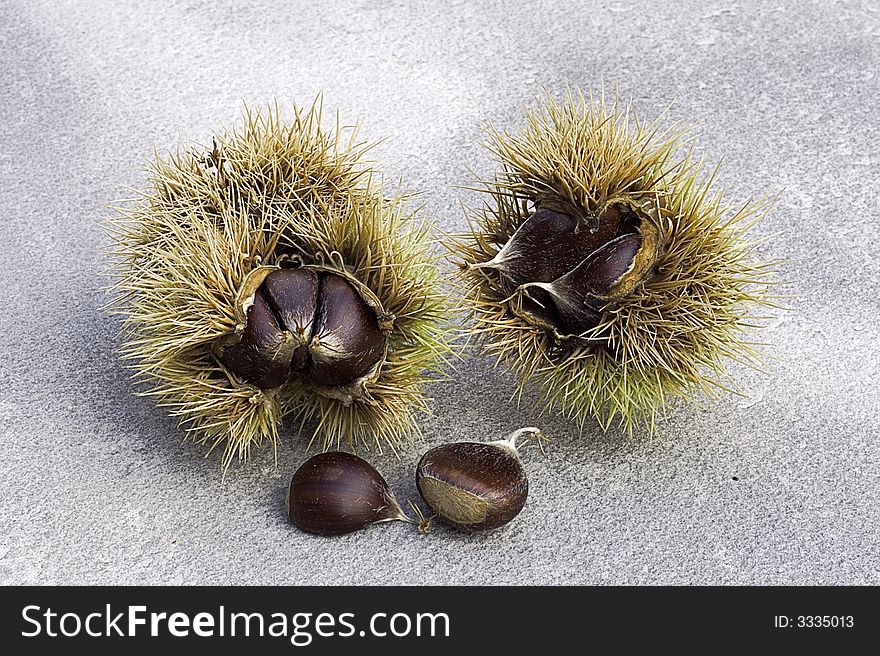 A composition of chestnuts, some of them still inside their cupules.