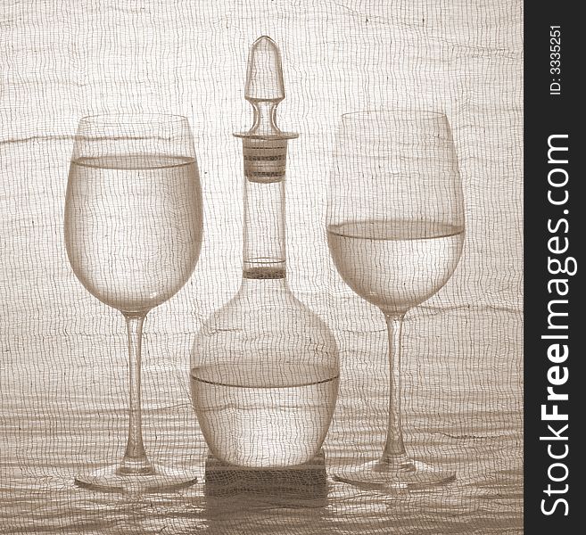 Graphic composition: two wineglasses and decanter