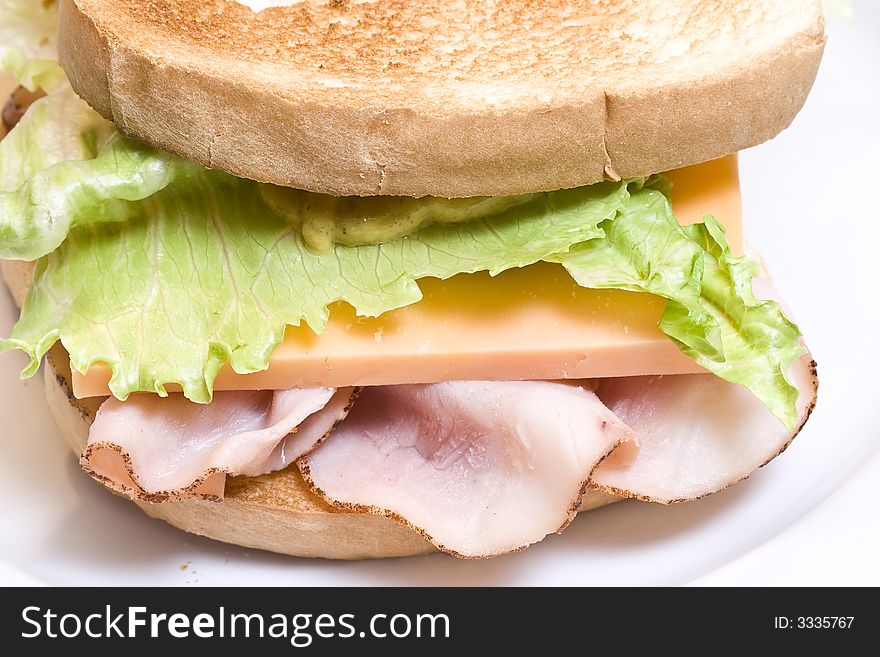 Close up of a toasted ham and cheese sandwich