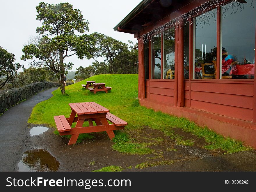 Red house and chairs in Hawaii