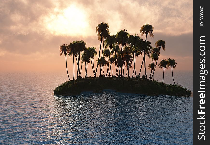 Sunset coconut palm trees on small island - 3d illustration.