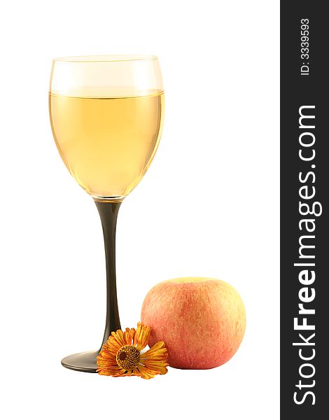 Glass of white wine and an apple isolated on white. Glass of white wine and an apple isolated on white