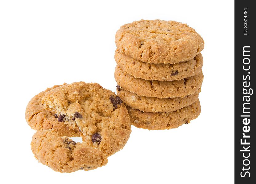 Chocolate chip cookies isolated on white background.