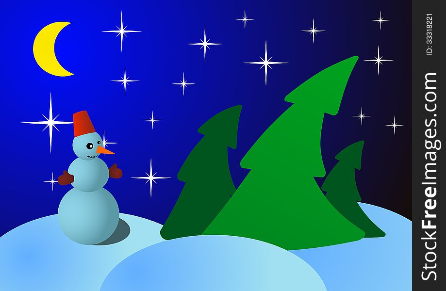 Snowman on Christmas night in the woods - vector