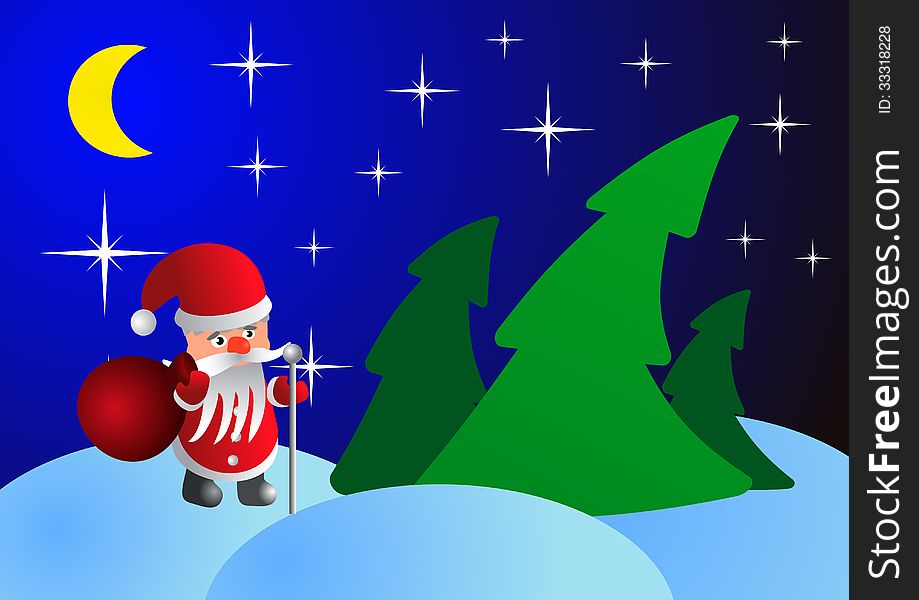 Santa Claus on Christmas night in the woods - vector