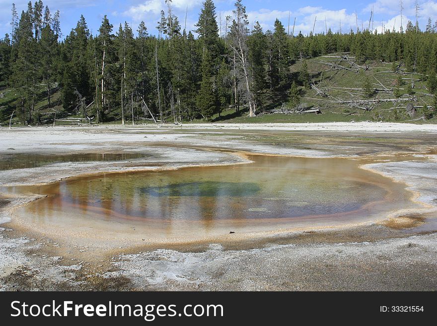 View of chromatic pool in upper geyser basin of Yellowstone