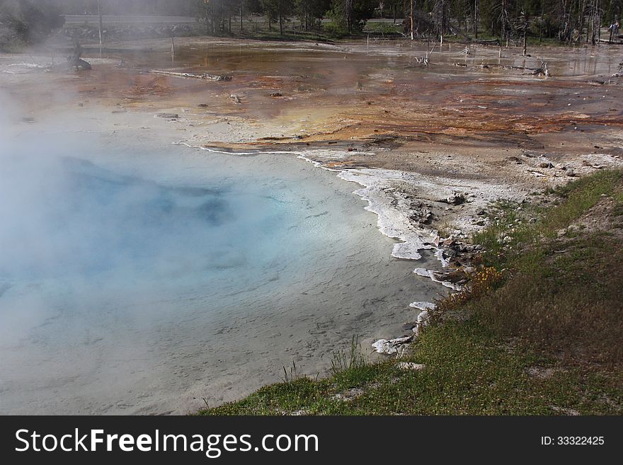 View of hydrothermal pool in geyser basin of Yellowstone