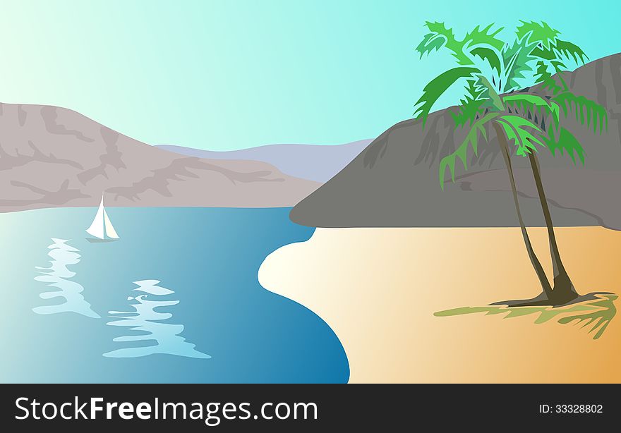 Vector illustration of tropical landscape - beach with palm trees. Vector illustration of tropical landscape - beach with palm trees.