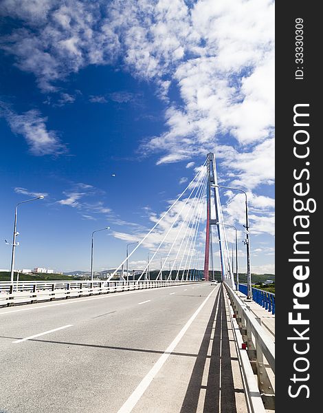 Big suspension bridge in Vladivostok in beams of a bright sun