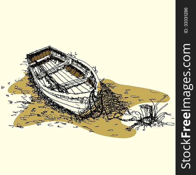 Sketch Drawing Boat On Ground Vector