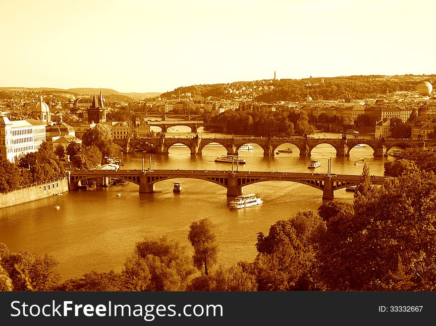 View of Vltava river with few bridges, Prague,Czech Republick. View of Vltava river with few bridges, Prague,Czech Republick