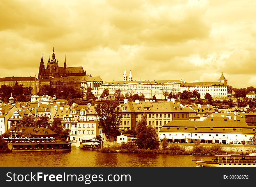 View of Prague across Vltava river, St. Vitus Cathedral in left side. Czech Republic. View of Prague across Vltava river, St. Vitus Cathedral in left side. Czech Republic