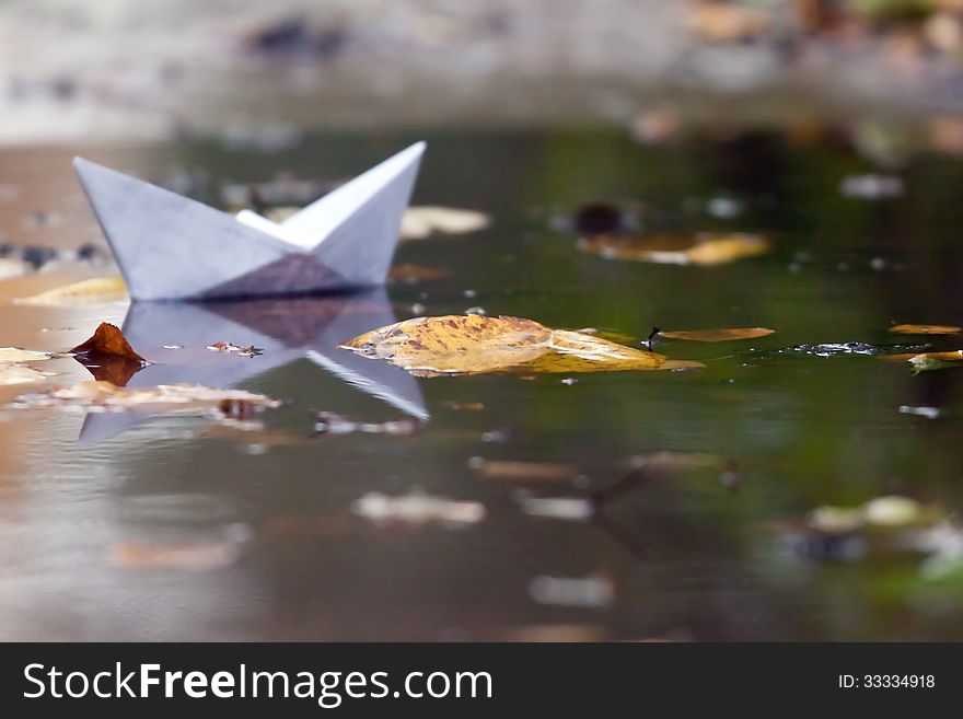 Paper toy boat in a puddle with autumn leaves. Shallow depth of field