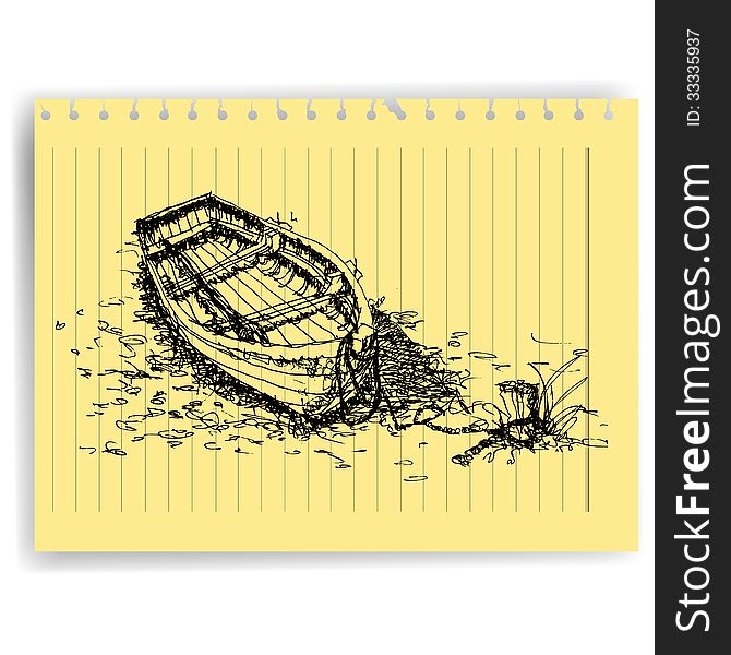 Sketch Drawing Boat  On Lined  Paper Page Vector