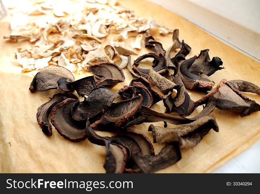 Dried edible mushrooms on the paper