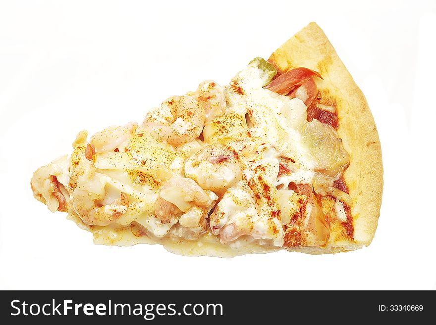 Delicious slice of pizza with seafood isolated on white