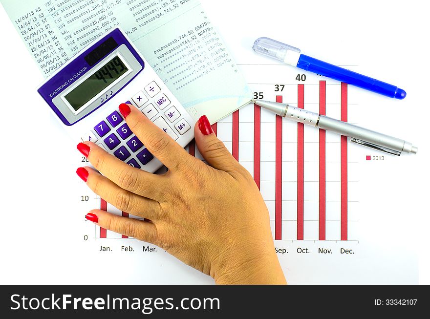 Account passbook and bar graph data with calculator and ballpoint pen and correction pen