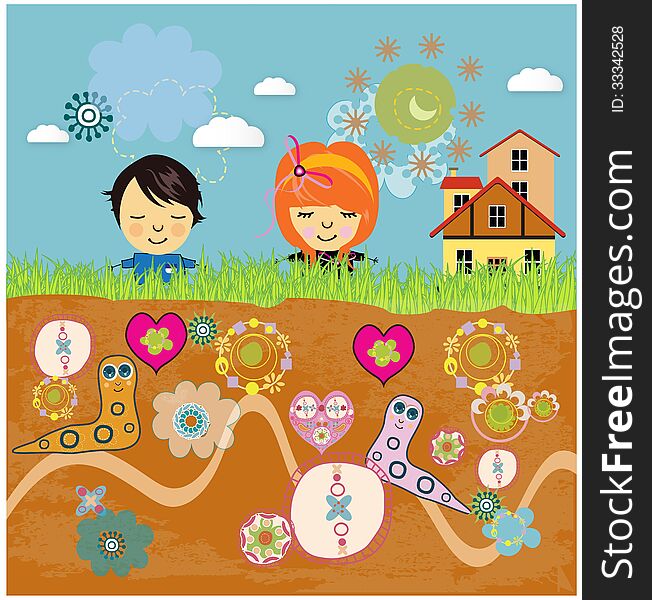 Colorful landscape with happy children background. Vector. Colorful landscape with happy children background. Vector
