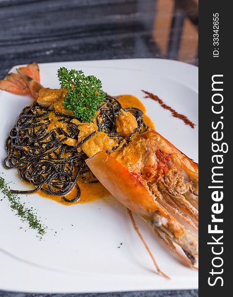 Grilled river prawn black spaghetti