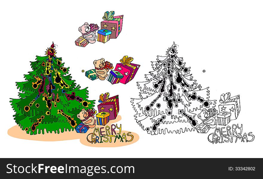 Vivid pictures for greeting card, coloring book, prints or stamps. Funny original illustrations made with ink, you can colorize independently. Christmas tree and gifts boxes â€“ happy time for child. Vivid pictures for greeting card, coloring book, prints or stamps. Funny original illustrations made with ink, you can colorize independently. Christmas tree and gifts boxes â€“ happy time for child