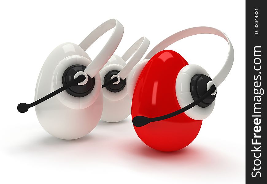 3d shiny eggs with headsets over white. 3d shiny eggs with headsets over white