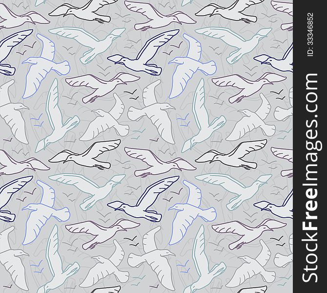 Seamless pattern with white sea-gulls against grey background. Seamless pattern with white sea-gulls against grey background