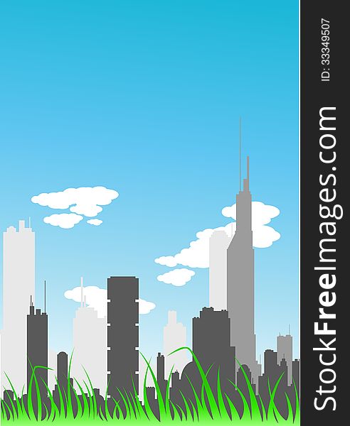 Vector picture of modern big city with grass in the front. Vector picture of modern big city with grass in the front.