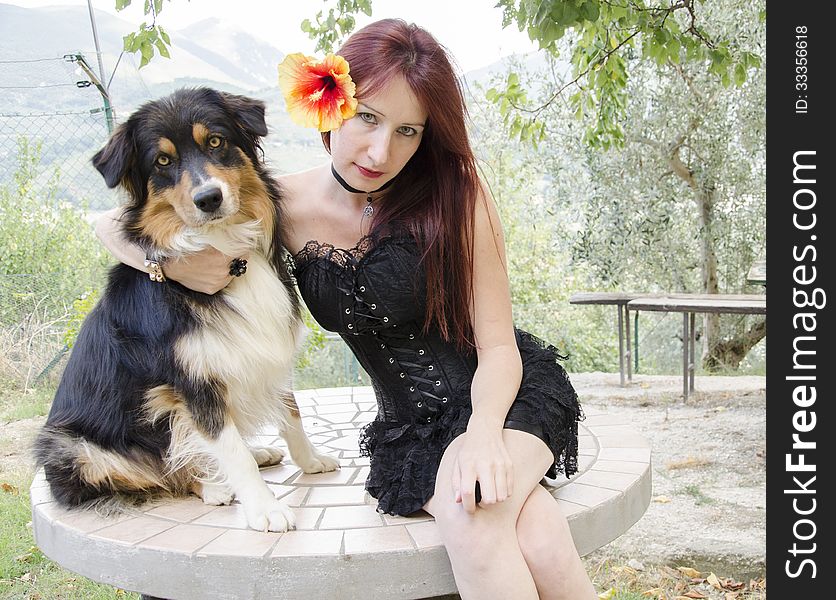 Gothic Woman With Australian Shepherd Dog