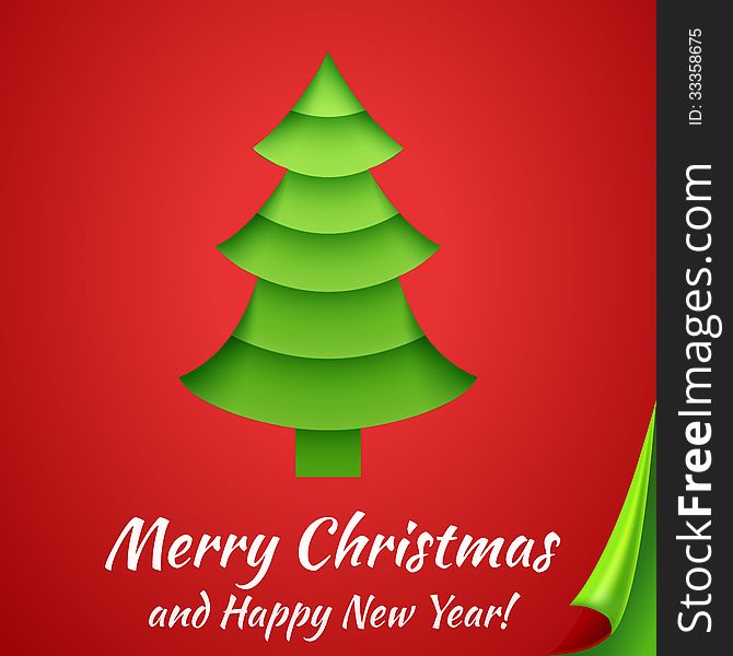 Merry Christmas Greeting Card With Tree. Vector