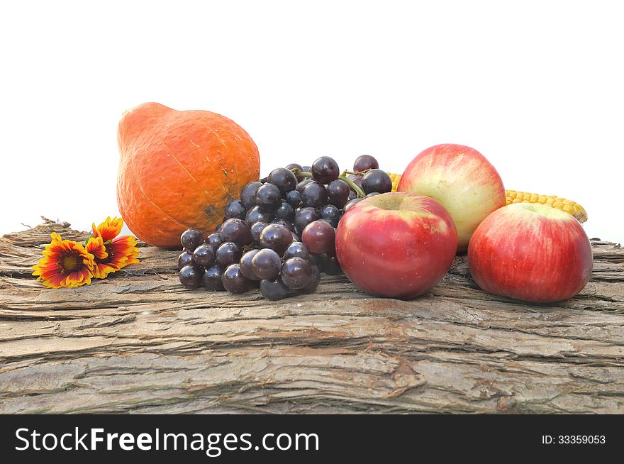 Autumn fruits with little flower placed on a bark on white background. Autumn fruits with little flower placed on a bark on white background