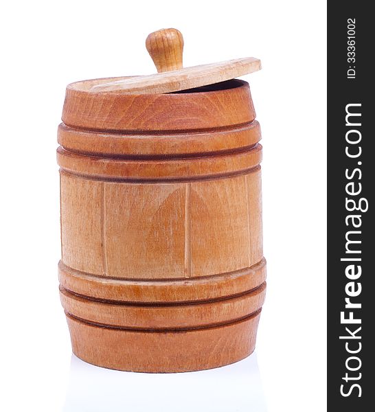 Wooden barrel of honey isolated on white background