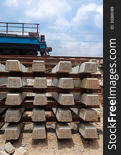 Concrete sleepers in railway construction site