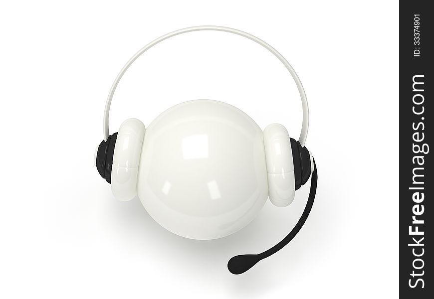 3d shiny white orb with headset over white. 3d shiny white orb with headset over white