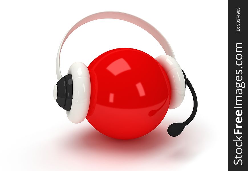 3d shiny red orb with headset over white. 3d shiny red orb with headset over white